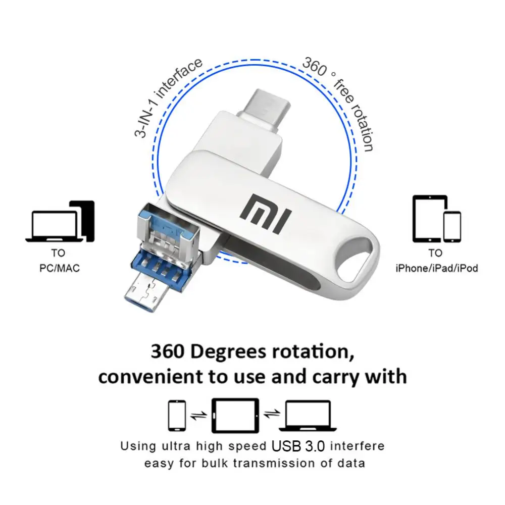 Xiaomi 2TB 1TB USB Flash Drive USB 3.1 High Speed 512GB Type-C Interface Dual-Use Flash Memory Stick For Mobile Phone Computer