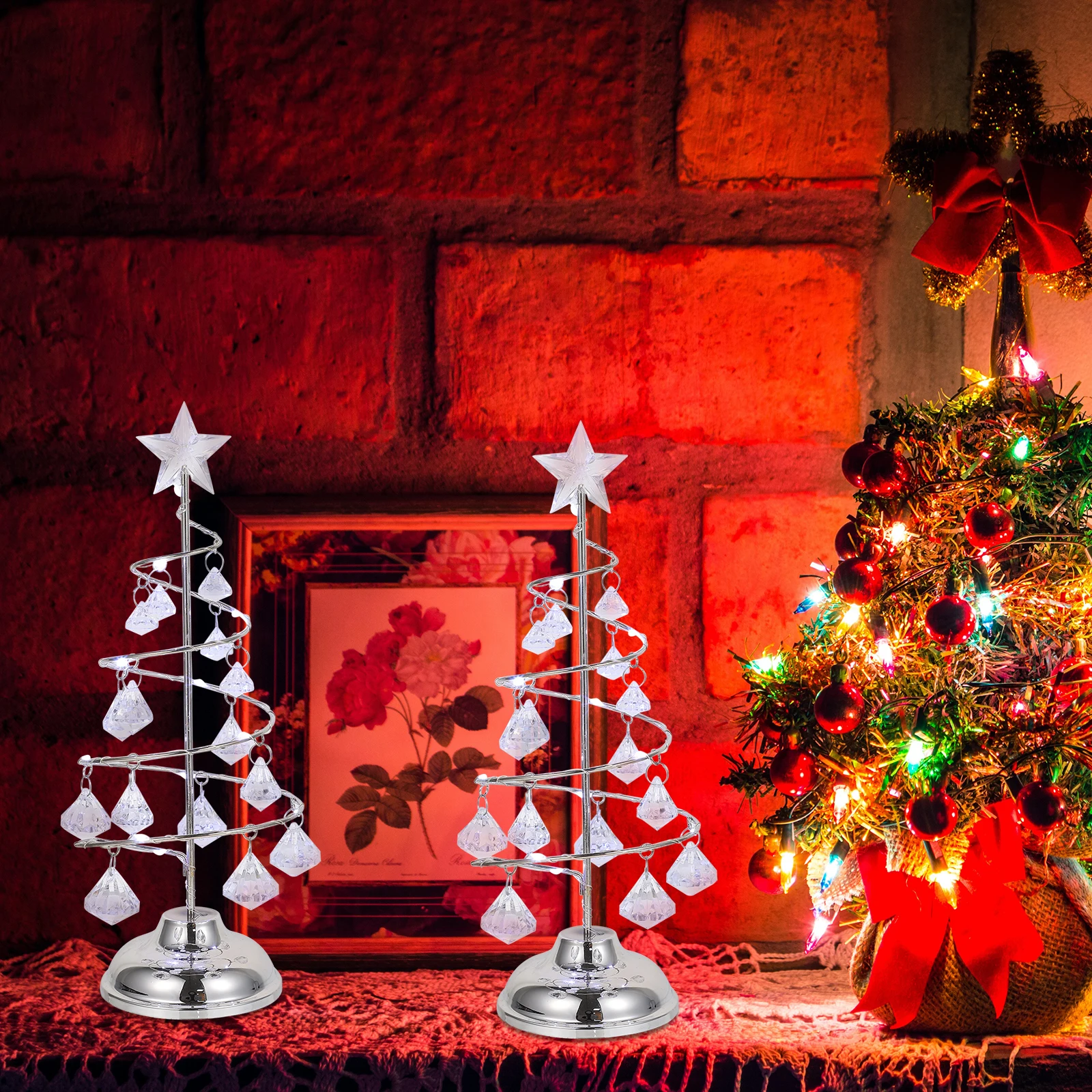 

Desktop Miniature Christmas Tree Iron Art Crystal Night Light Portable Luminous Xmas Party Tiny Tabletop Decor Powered