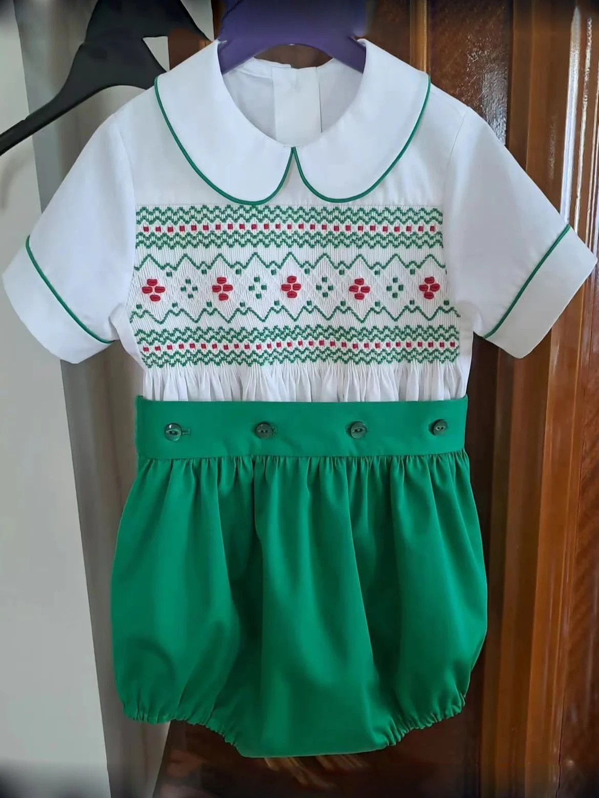 

0-4Y Boy Summer White Green Smocked Outfit Suit