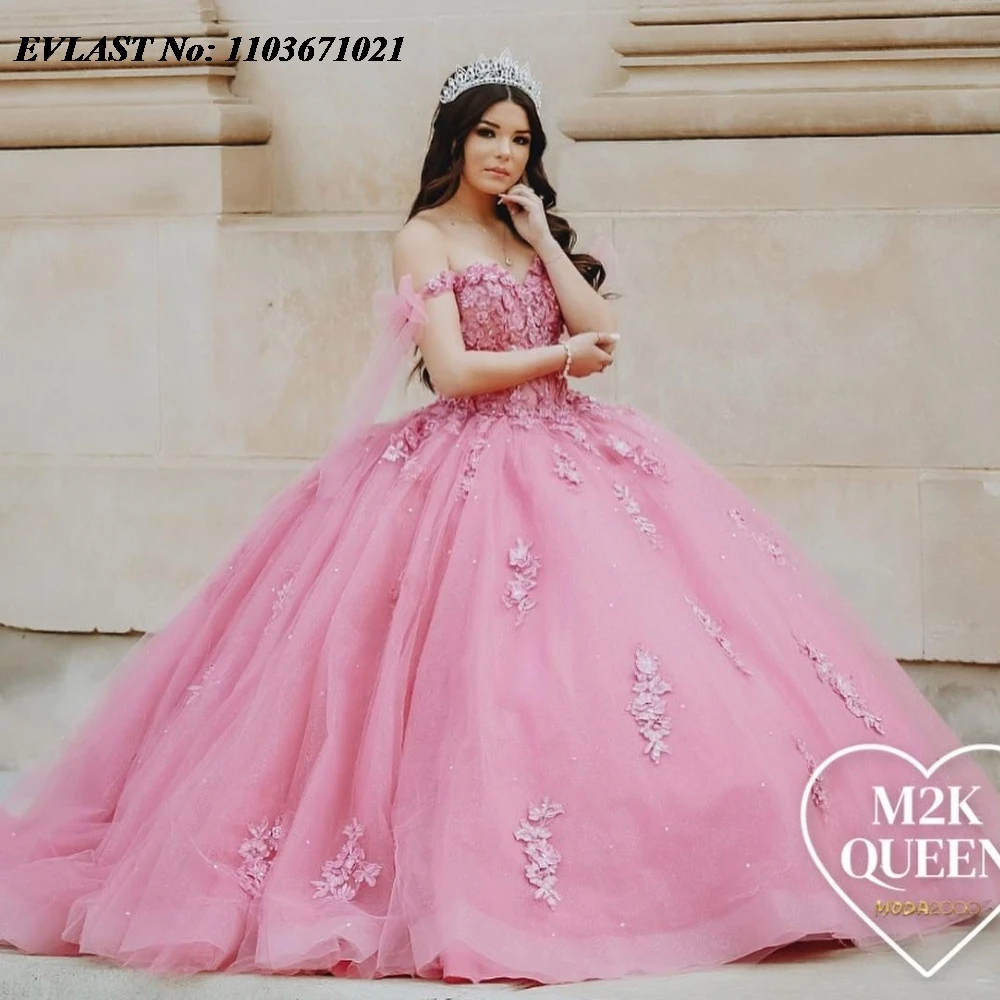 EVLAST Mexican Hot Pink Quinnceanera Dress Ball Gown Shiny Lace Applique Beading Tie Corset Sweet 16 Vestidos De 15 Anos SQ467