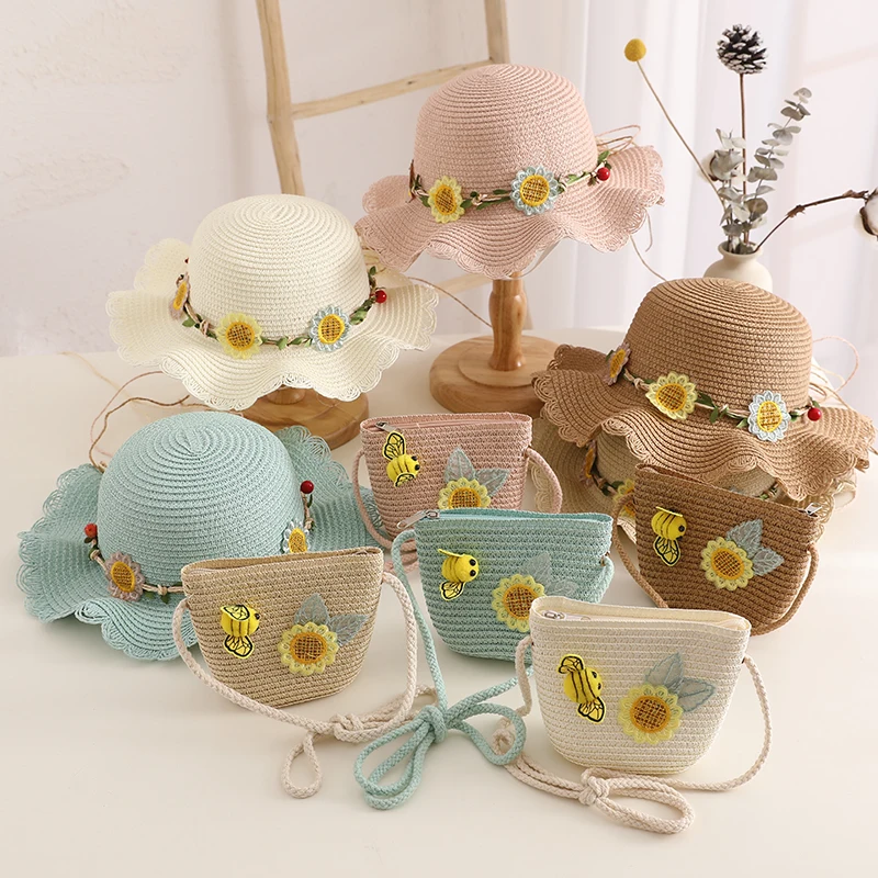 Summer child casual butterfly straw hat handbags Sets Kid girls Outdoor holiday panama cap straw bags Sun hat