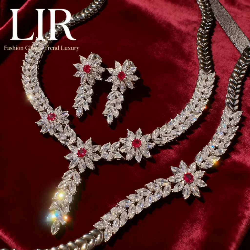 

LIR Sparkly Custom Jewelry Set: Blooming Fairy Wheat Snowflake Necklace, Rich Flower Teardrop AAA Zircon Bracelet, Earrings Ring