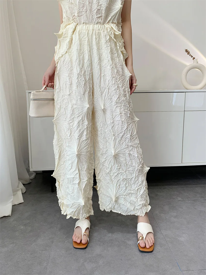 Miyake Hand-pleated Women's Casual Solid Color Loose Large Size Elastic Waist Wide Leg Pants