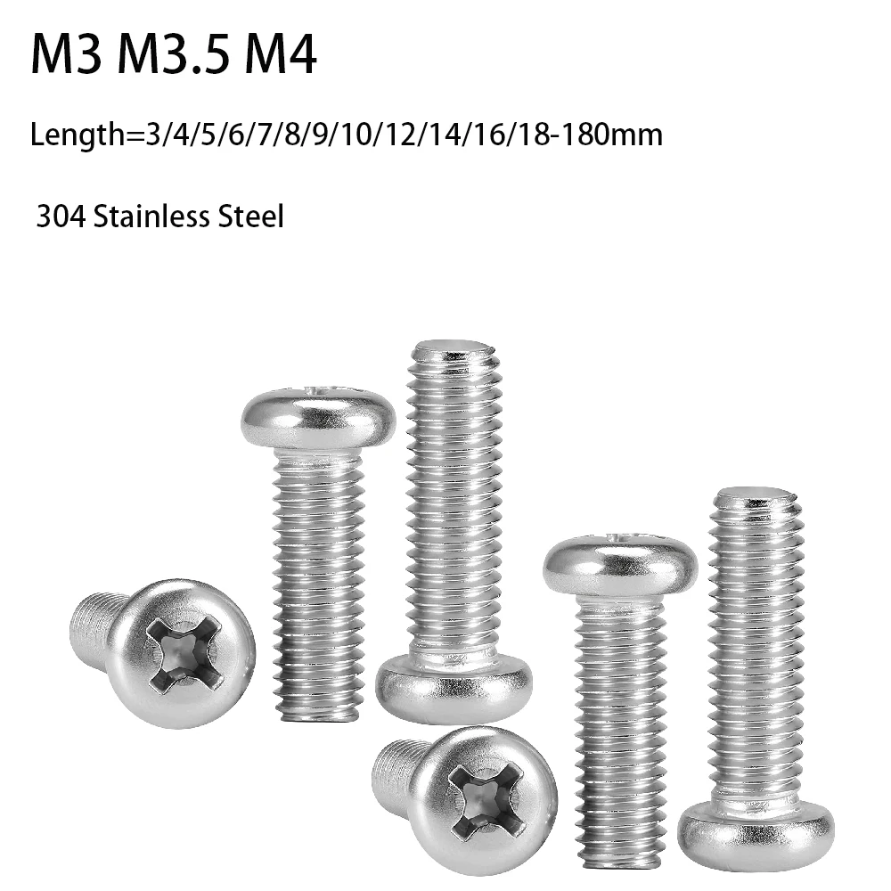 5-100 шт. M3 M3.5 M4 304, винты с круглой головкой и крестообразным шлицем из нержавеющей стали, длина болта = 3/4/5/6/7/8/9/10/12/14/16/18-180 мм