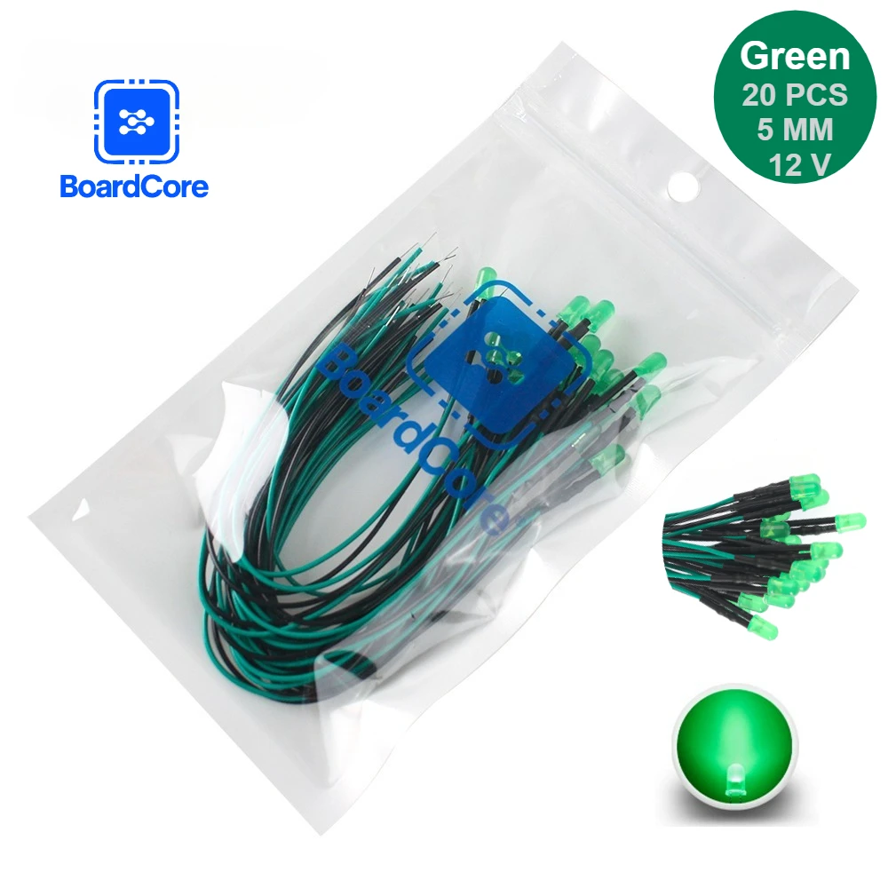 20PCS 12V 5mm Emitting LED Diodes Lamp with 20CM Prewired Green  for Indicator DIY Projects