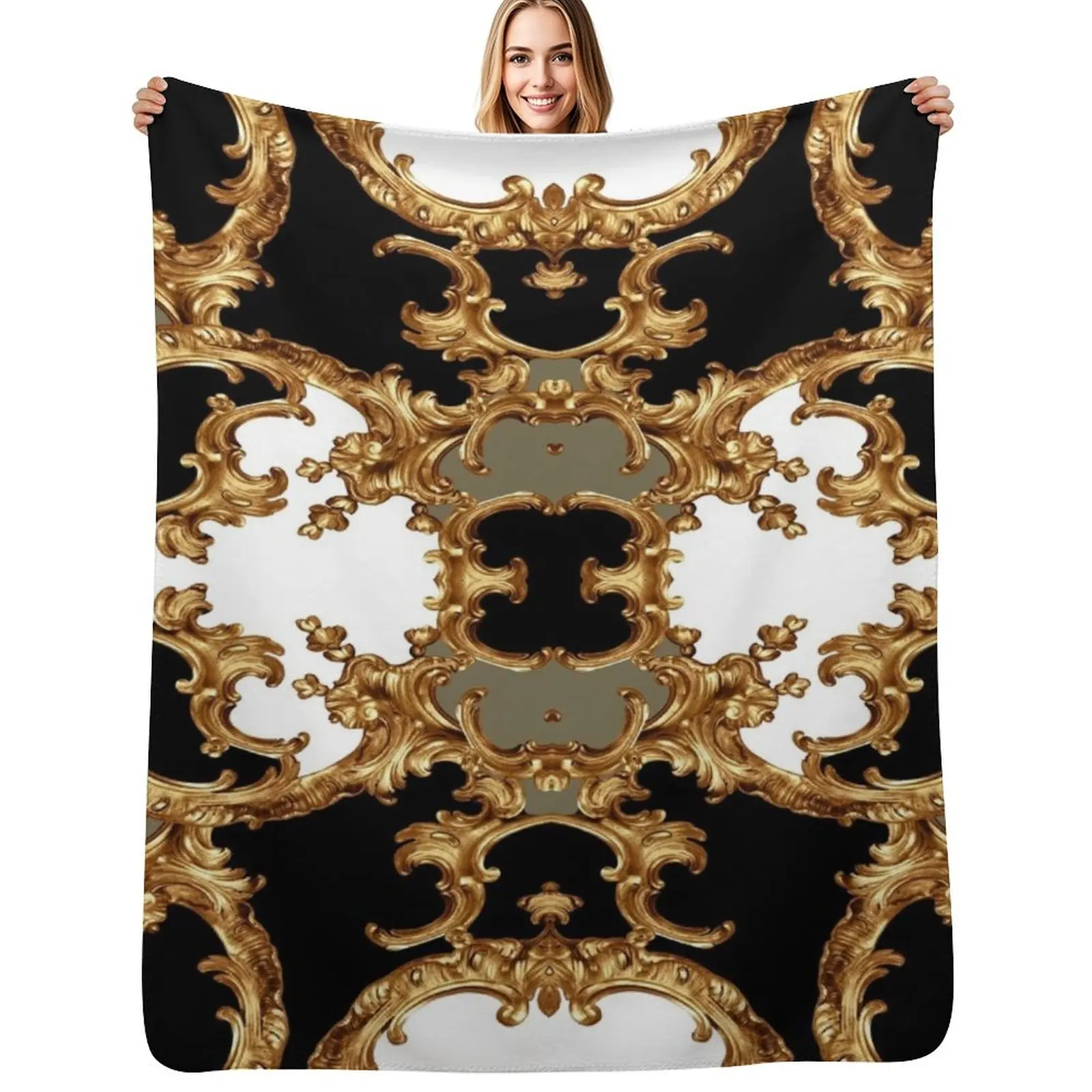 Golden ornamental baroque symmetrical Throw Blanket Travel Size Cozy Blanket for Plane Train