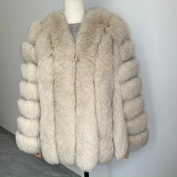 Image Real Fur Skin Women`S Fashion Coat V-Neck long Sleeve Real Fur Women`S Fur Jacket Autumn-Winter Mid-lengtn Luxury Leather Coat