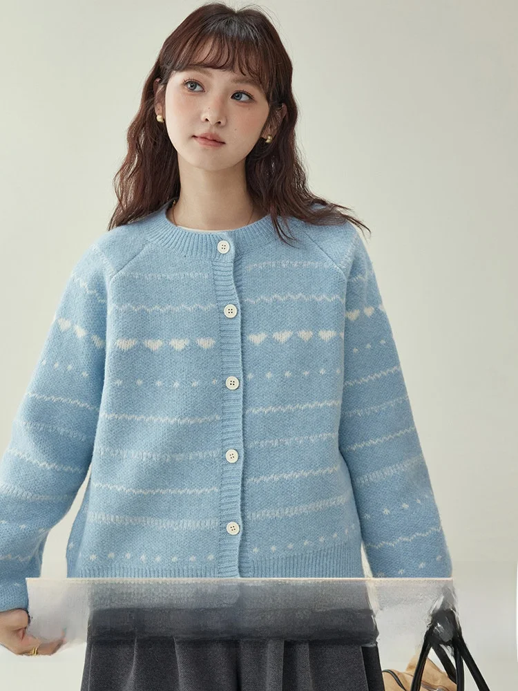 

Blue Sweet oulder Insert Woolen Sweater Cardigan Women's Loose Fit Winter New Sle AMUU Original Design Commute Sle