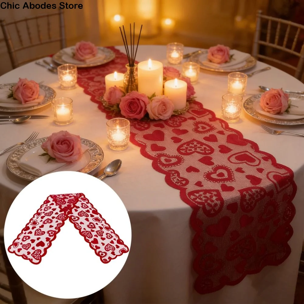 

Valentines Day Heart Shaped Table Runner Rectangular European Table Flag Romantic American Red Lace Table Runner Outdoor Party