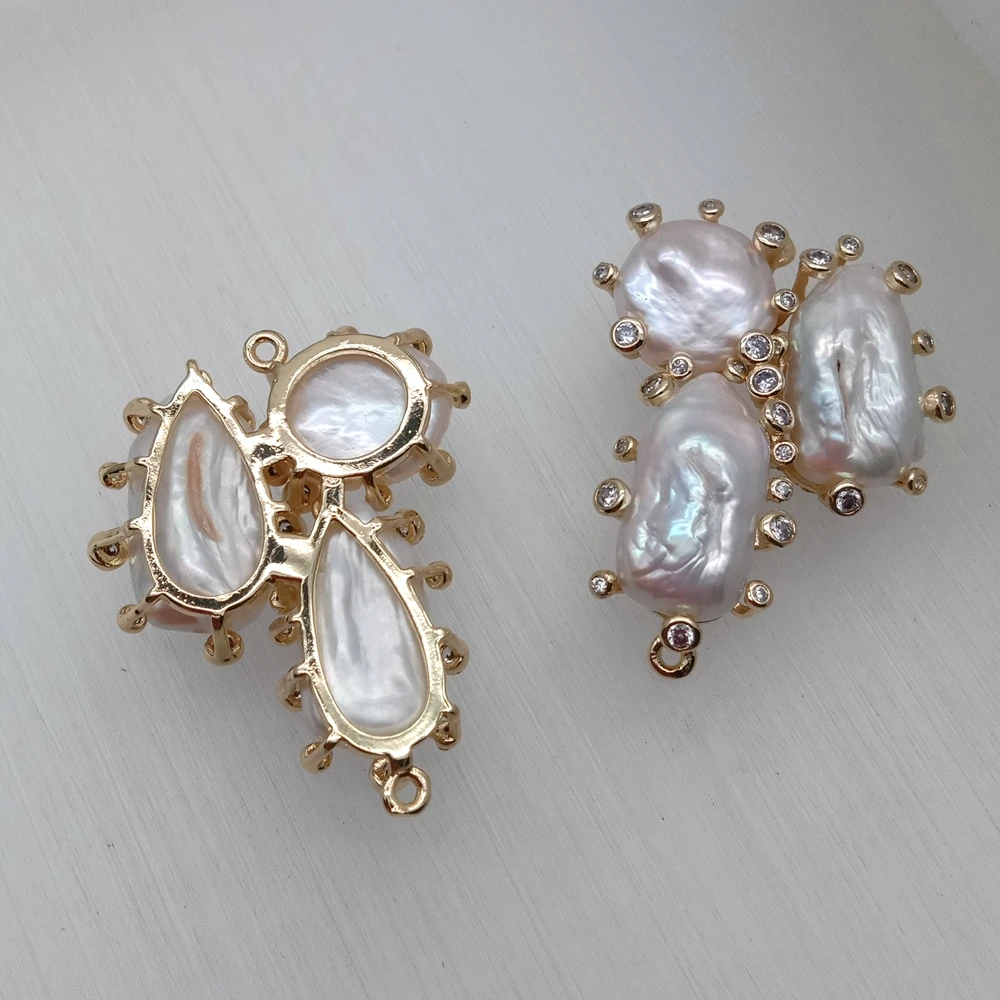 Wholesale 5 PCS 25x35mm Cultured White Biwa Coin freshwater Pearl Cz Double Ring Connector For Jewelry Making