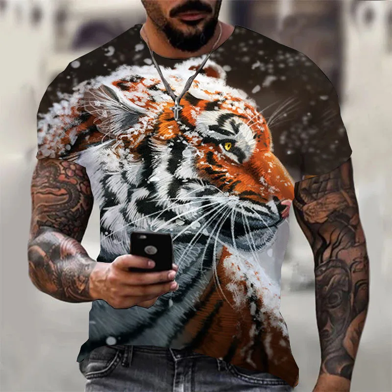 Summer New 3D Tiger Print Casual Versatile Round Neck Short Sleeve T-Shirt Top