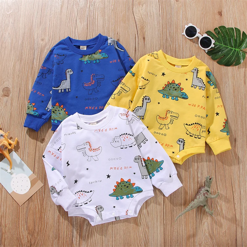 

Baby Boys Romper Cartoon Dinosaur Letter Print Newborn Kids Long Sleeve Crew Neck Casual Style Bodysuit Autumn Spring Clothing