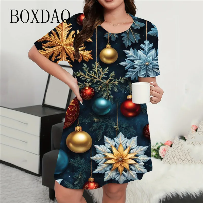 Christmas Print Dress Women Casual O-Neck Short Sleeve A-Line Dress Winter Fashion Plus Size Loose Mini Dress 9XL Summer Clothes