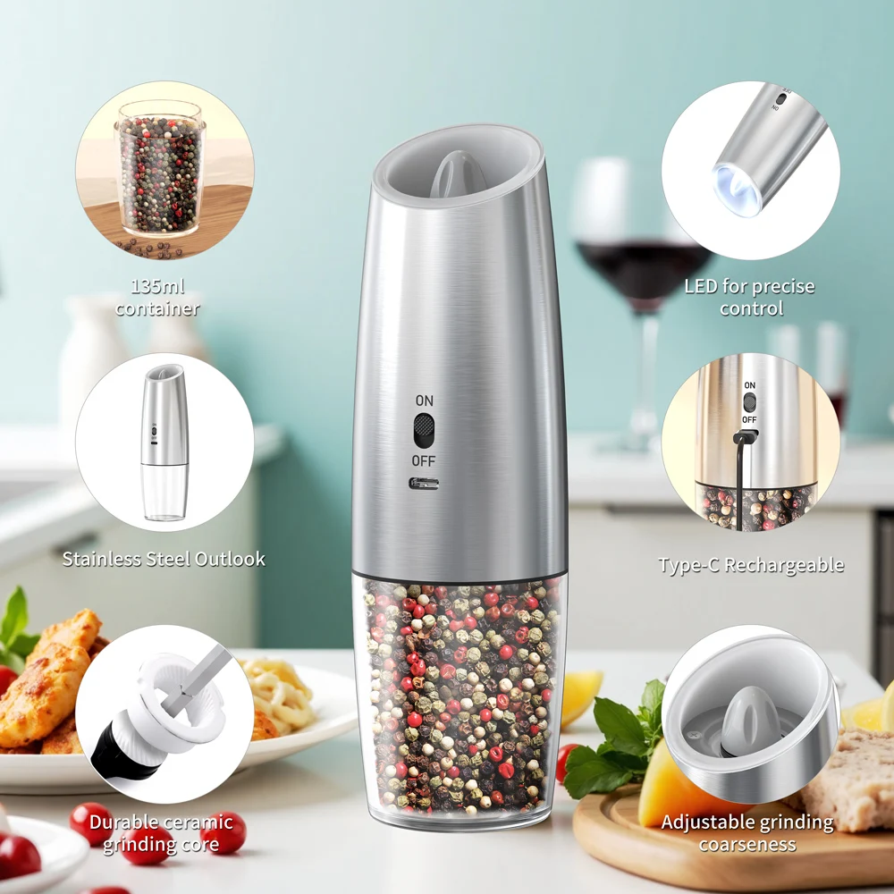 1PC/2PCS Gravity sensing Electric Salt And Pepper Grinder Set Adjustable Spice Mills for Kitchen Automatic Cordless Gadget