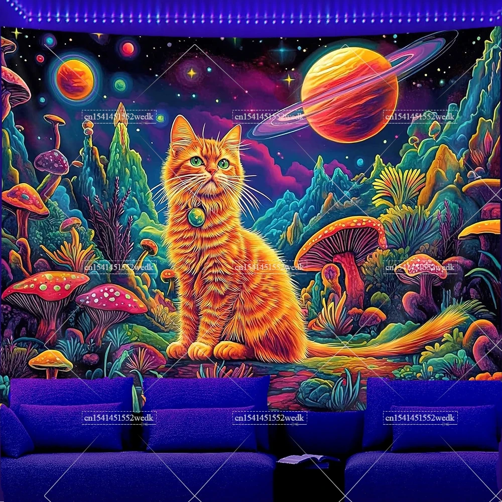 Blacklight Cat Tapestry UV Reactive Mushroom Fantasy Plant Floral Tapestry Planet Mountain Galaxy Space Wall Hanging For Room