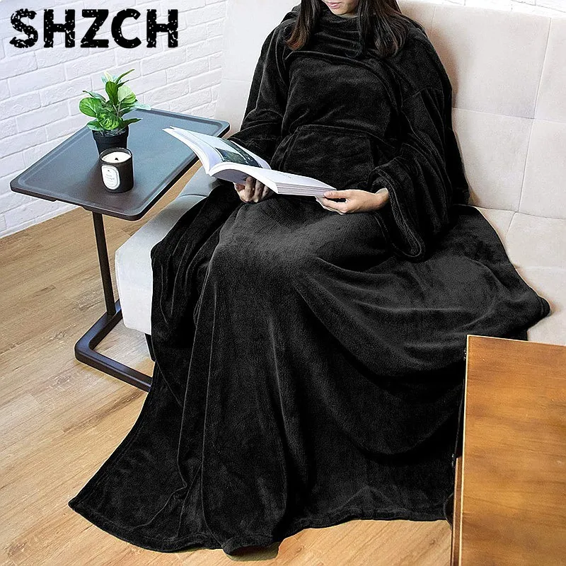 Household Multifunction Wearable Quilt Anti-static Flannel Blanket with Sleeves and Velcro