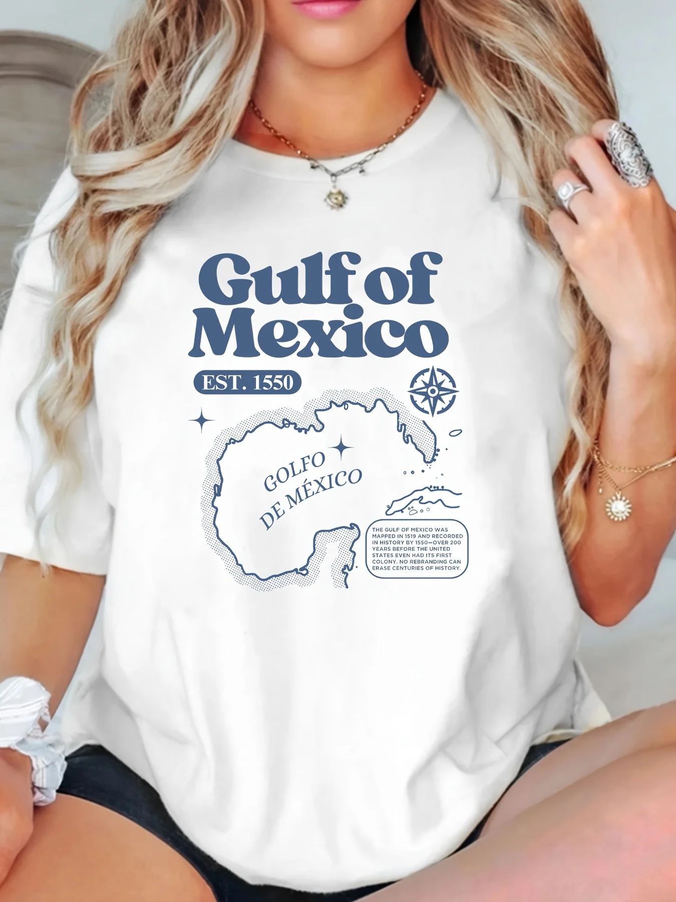 

GUIF OF MEXICO letter and plate pattern printed plus size T-shirt fashionable plus size women top