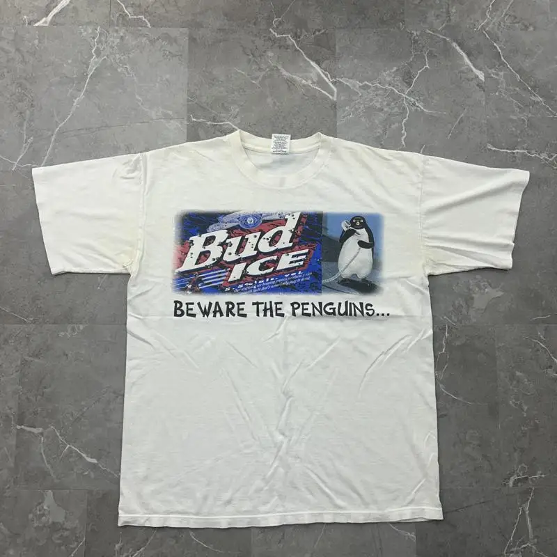 

Vintage Bud Ice T Shirt Mens Xl White Beware The Penguins Wild Oats Beer Promo 90S