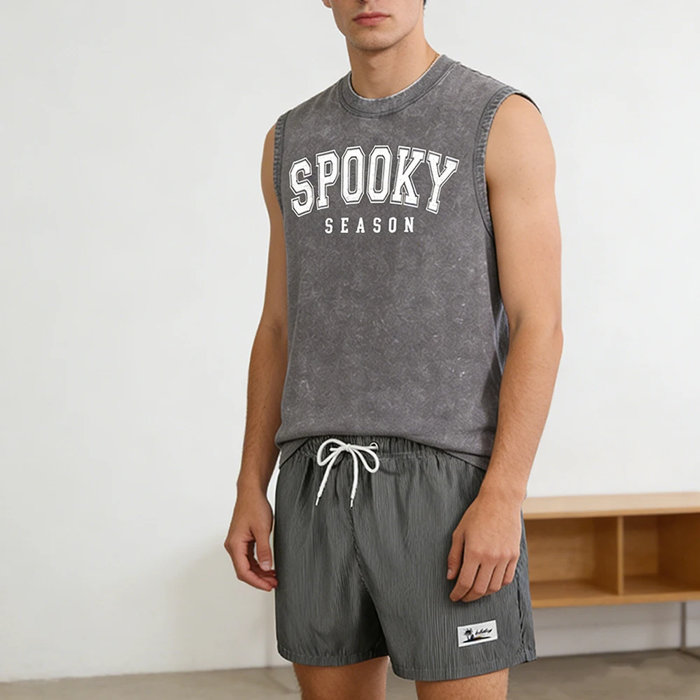 

Streetwear Men's Retro Washed Tank Top & Pinstripe Swimming Shorts Two Piece Set "SPOOKY SEASON" Print Gym Fitness Beach Shorts