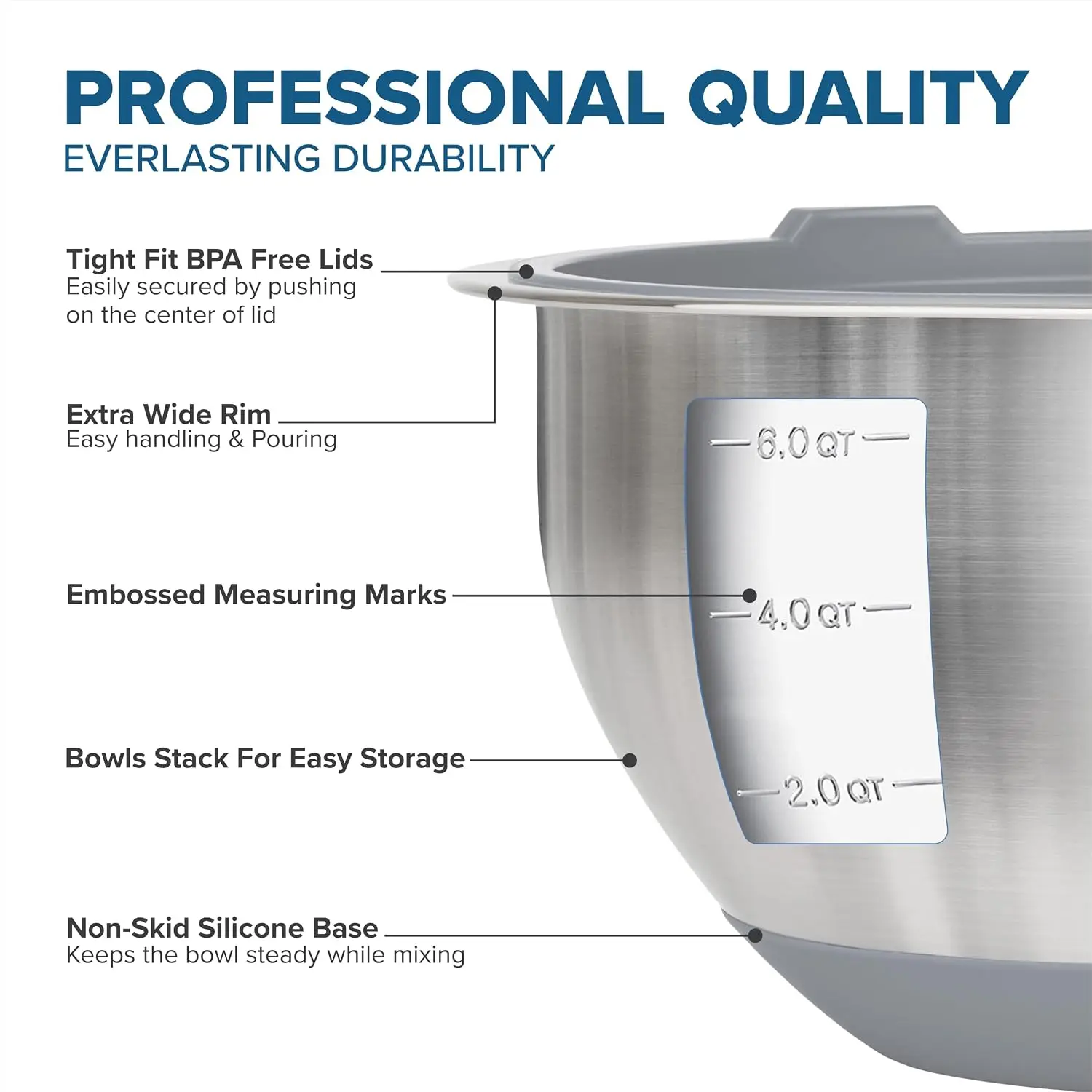 Mixing Bowls Set, 10 Piece Stainless Steel Kitchen Cookware, Non-Slip Silicone Base, Includes Tight Fit Lids, Dishwasher Safe, Grey