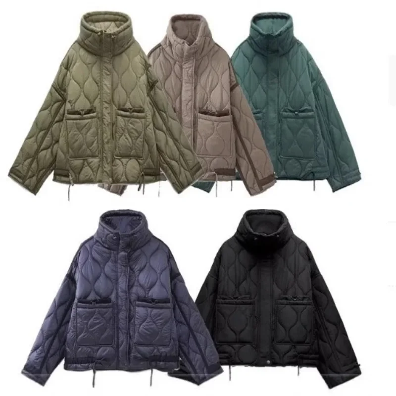 通勤レトロ婦人服ルーズ長袖レースアップショートジャケットグリーン巾着スタンドカラーポケット飾り女性コート