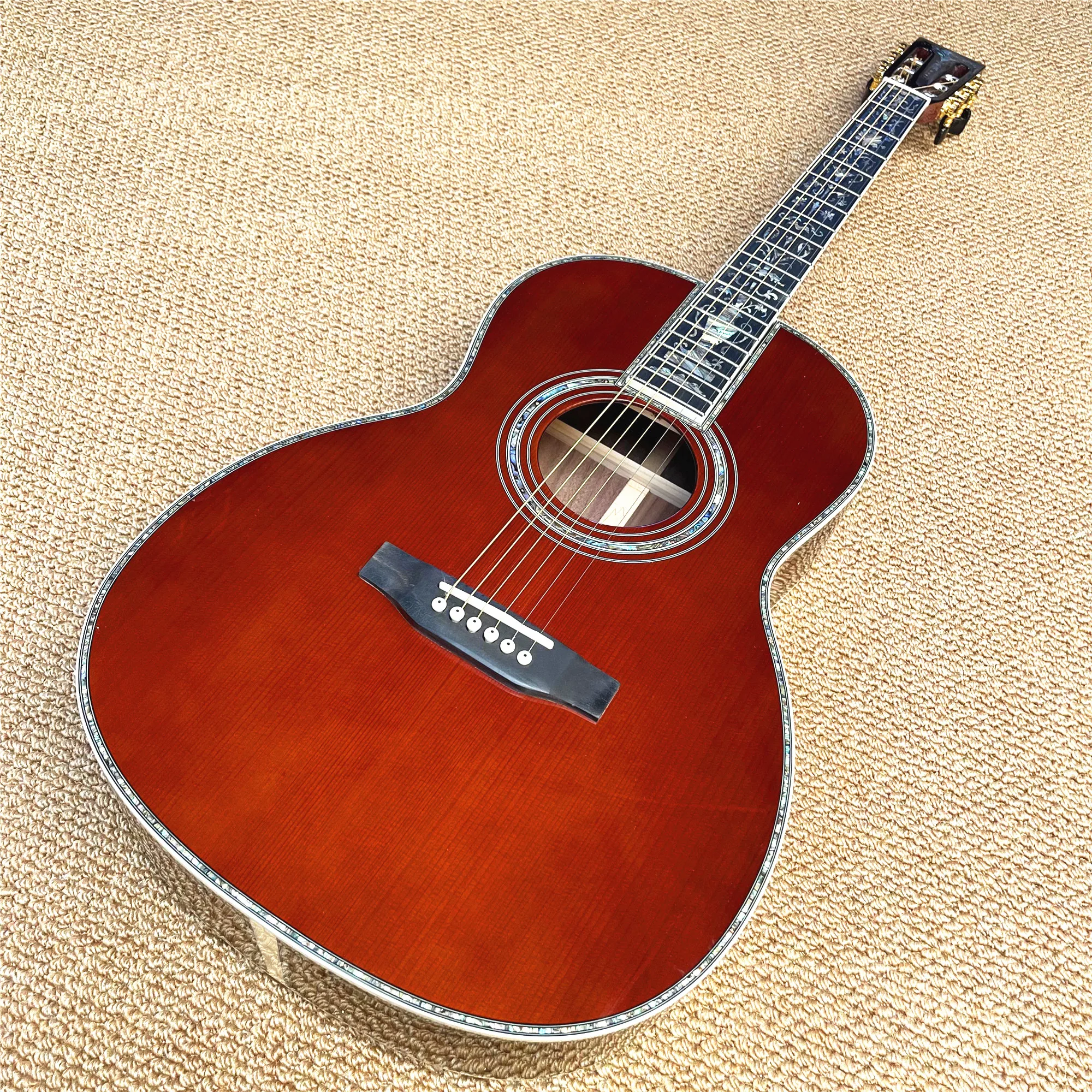 

39 Inches OOO Type Wine Red Solid Spruce Acoustic Guitar Abalone Ebony Fingerboard Rosewood Electric Acoustic Guitar