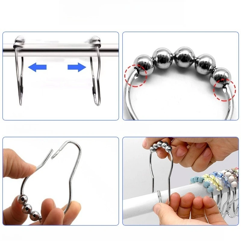 12Pcs Black Shower Curtain Hooks with 5 Roller Balls, Metal Curtain Rings For Bathroom Shower Rods view 3