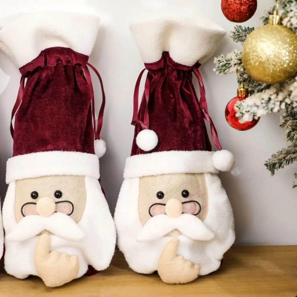 2pcs Cartoon Santa Claus Wine Bottle Bag Cute Reusable Christmas Wine Bottle Bag Exquisite Flannelette Wine Bottle Pouch