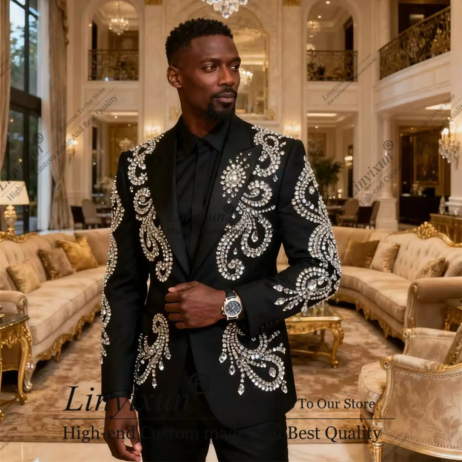 

Роскошный дизайн, красивые свадебные смокинги по индивидуальному заказу, мужские костюмы со стразами и бисером, тонкий Ropa hombre, комплект из 2 предметов, мужские пиджаки для жениха