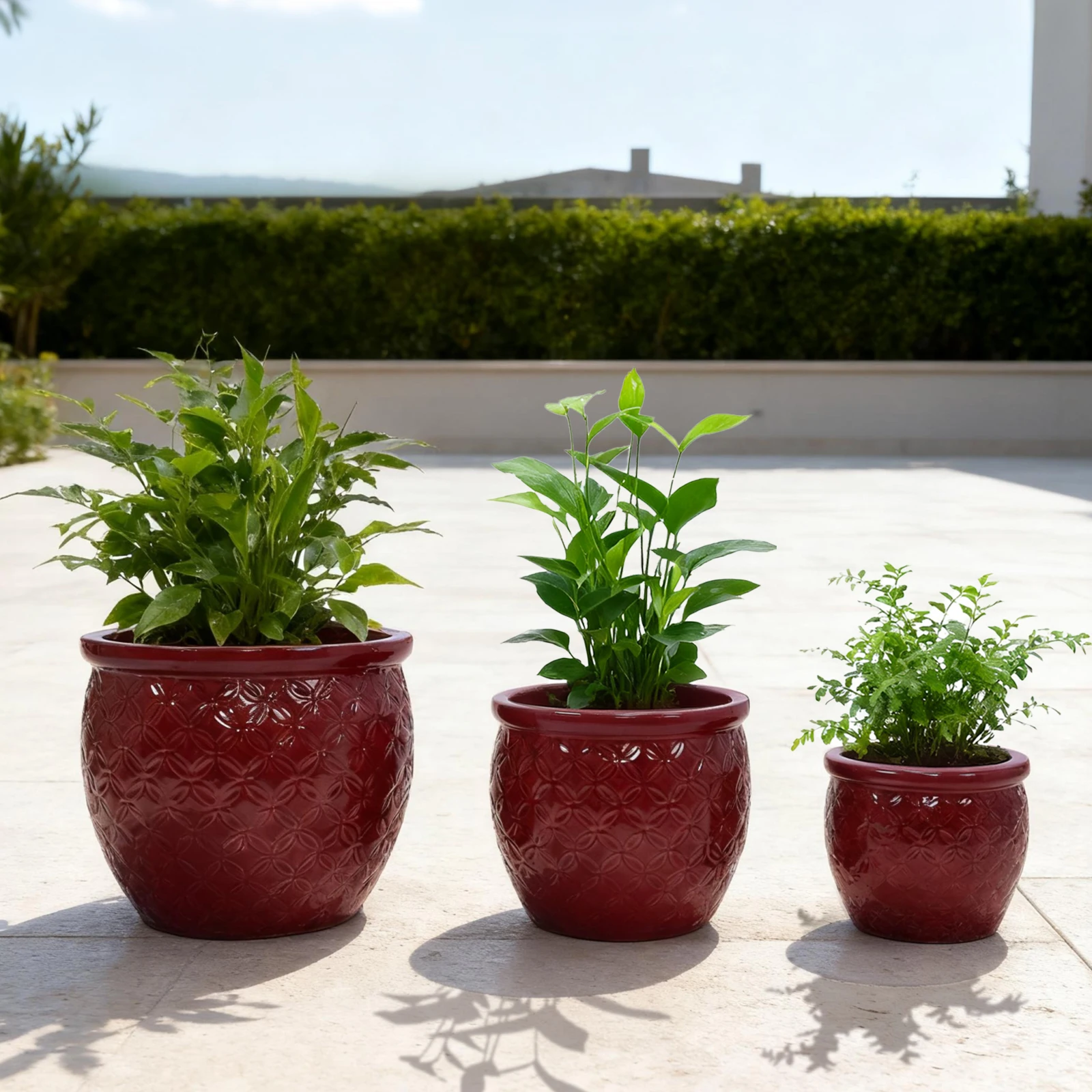 Handmade Ceramic Flower Pot Set of 3, 15/12/10 Inch Diameter, Deep Red with Floral Embossed Pattern, for Orchids Indoor/Outdoor