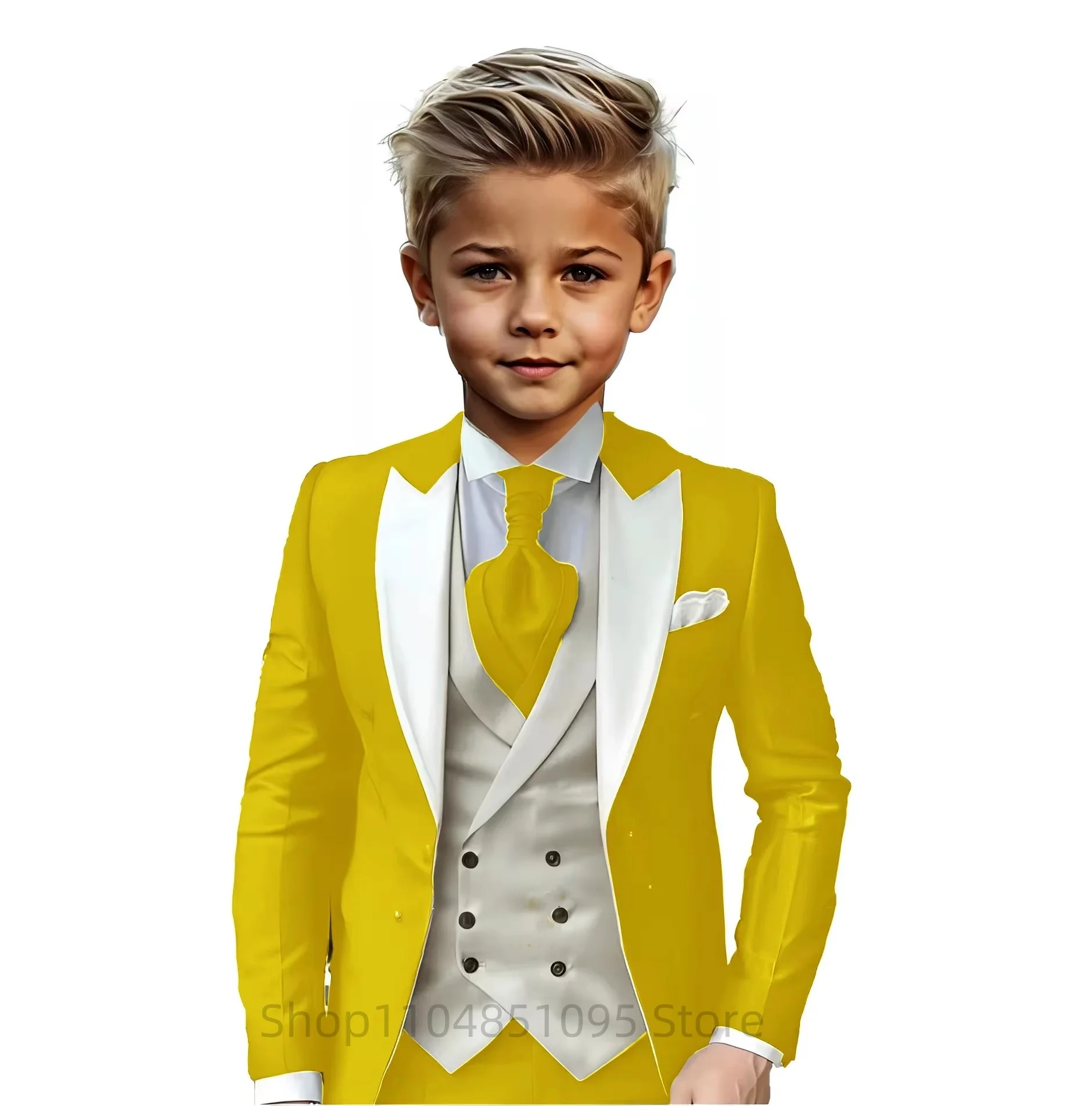 Elegant 3 Piece Boys Suits Solid Tuxedo Kid's Blazer Vest Pants Set Peak Lapel One Button Child Prom Dress Suits for Wedding