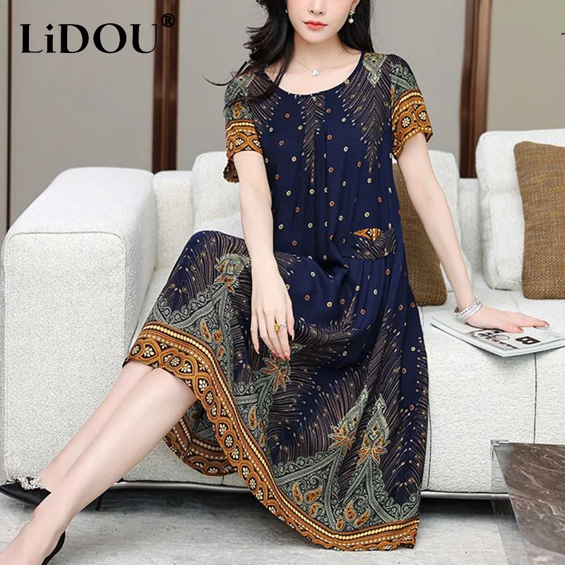 

Summer New Round Neck Vintage Printing Robe Femme Loose Casual Oversized Fashion All-match Vestidos Women Elegant Fashion Dress