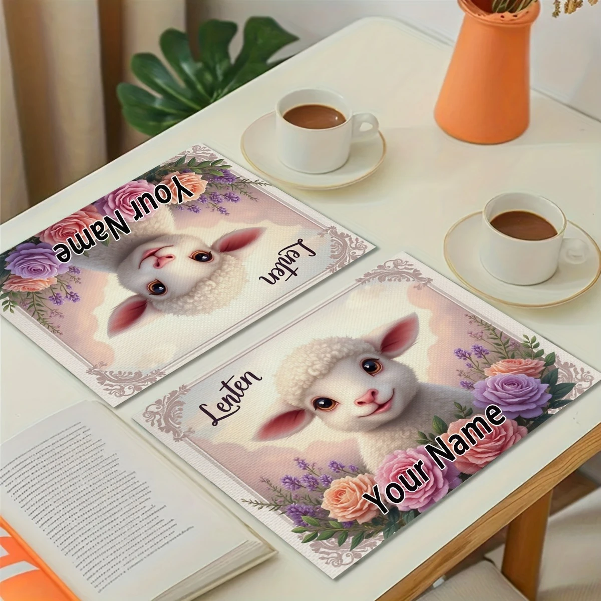 1PC Custom Lamb & Floral Place Mats Set with Personalized Name/Text - Pastel Pink & Purple Spring Design,Table Decor for Easter