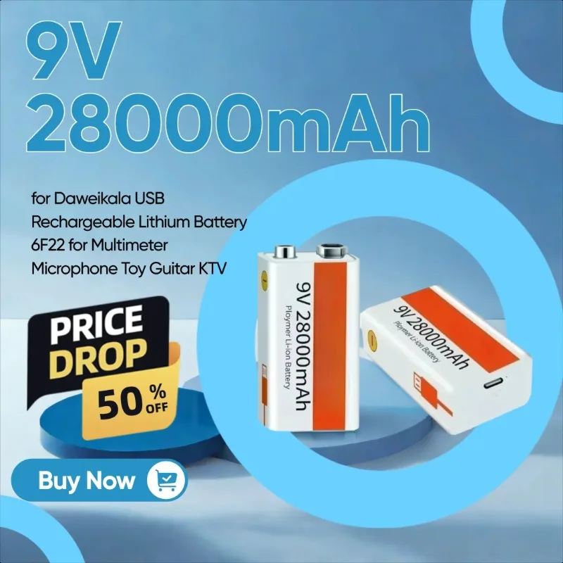 

9V 28000mAh for Daweikala USB Rechargeable Lithium Battery 6F22 for Multimeter Microphone Toy Guitar KTV