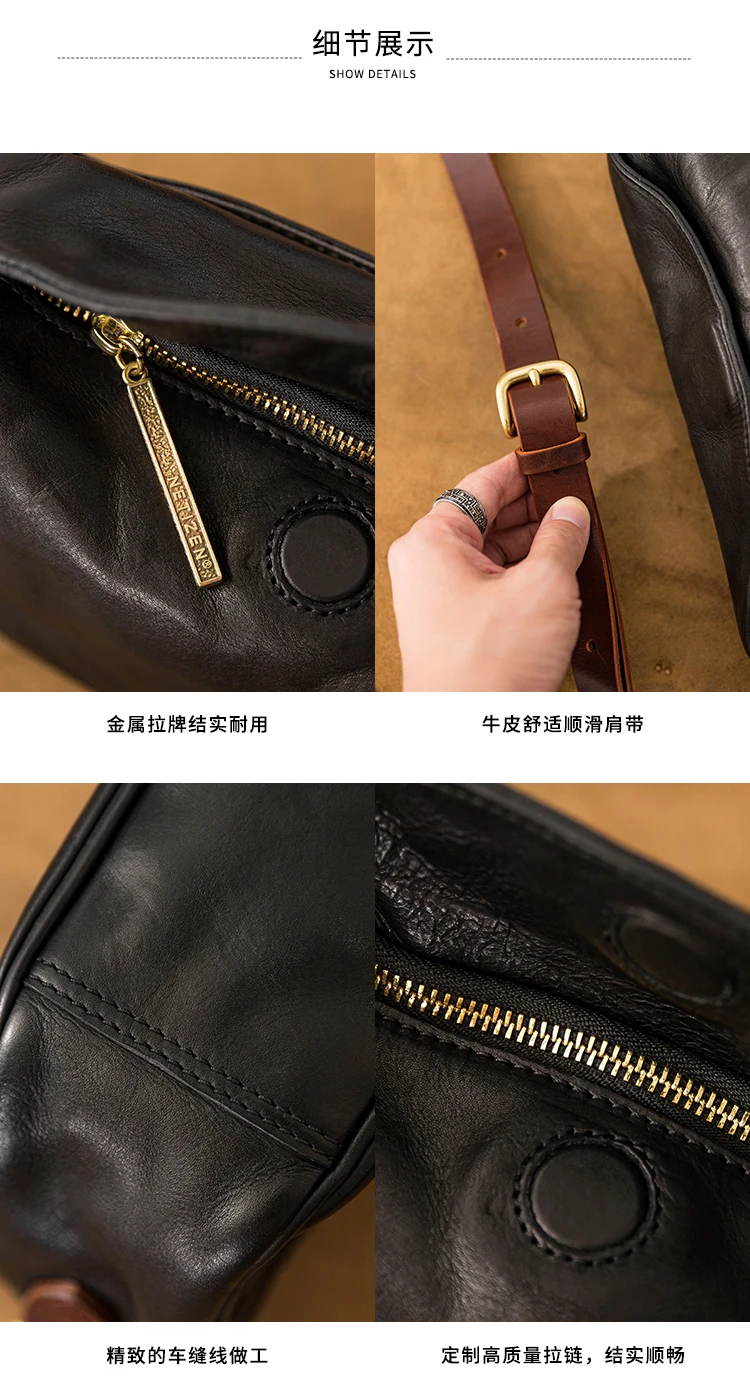 Handgefertigte Herren-Umhängetasche aus echtem Leder, modische Outdoor- und Alltagstasche, schwarze Crossbody-Tasche aus Kuhleder – Detail 8