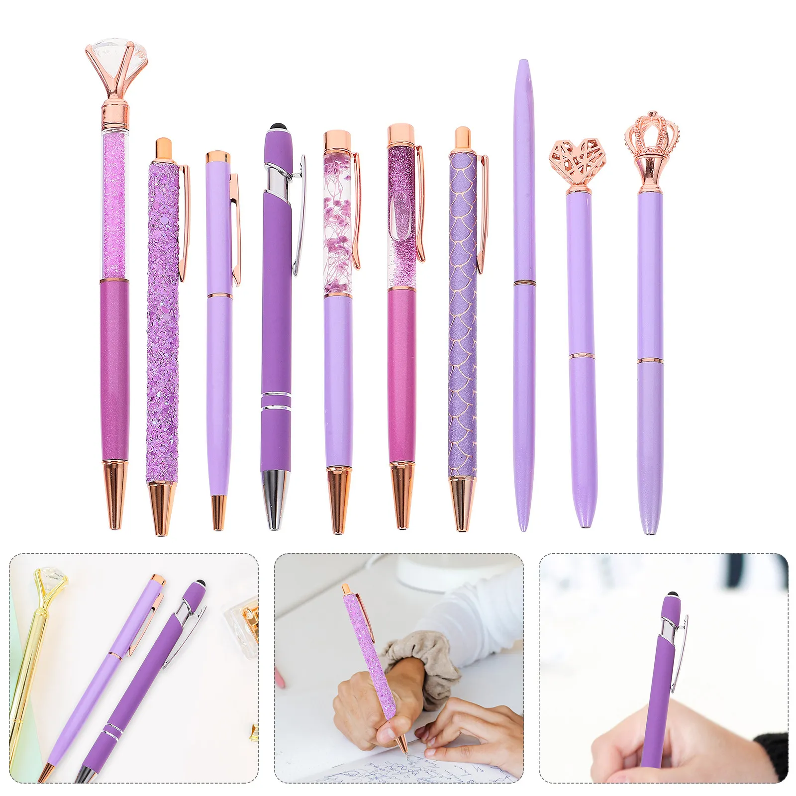 

10Pcs Purple Diamond Ballpoint Pens Iron Material Smooth Ink Writing Pens for Office Daily Study Students Supplies