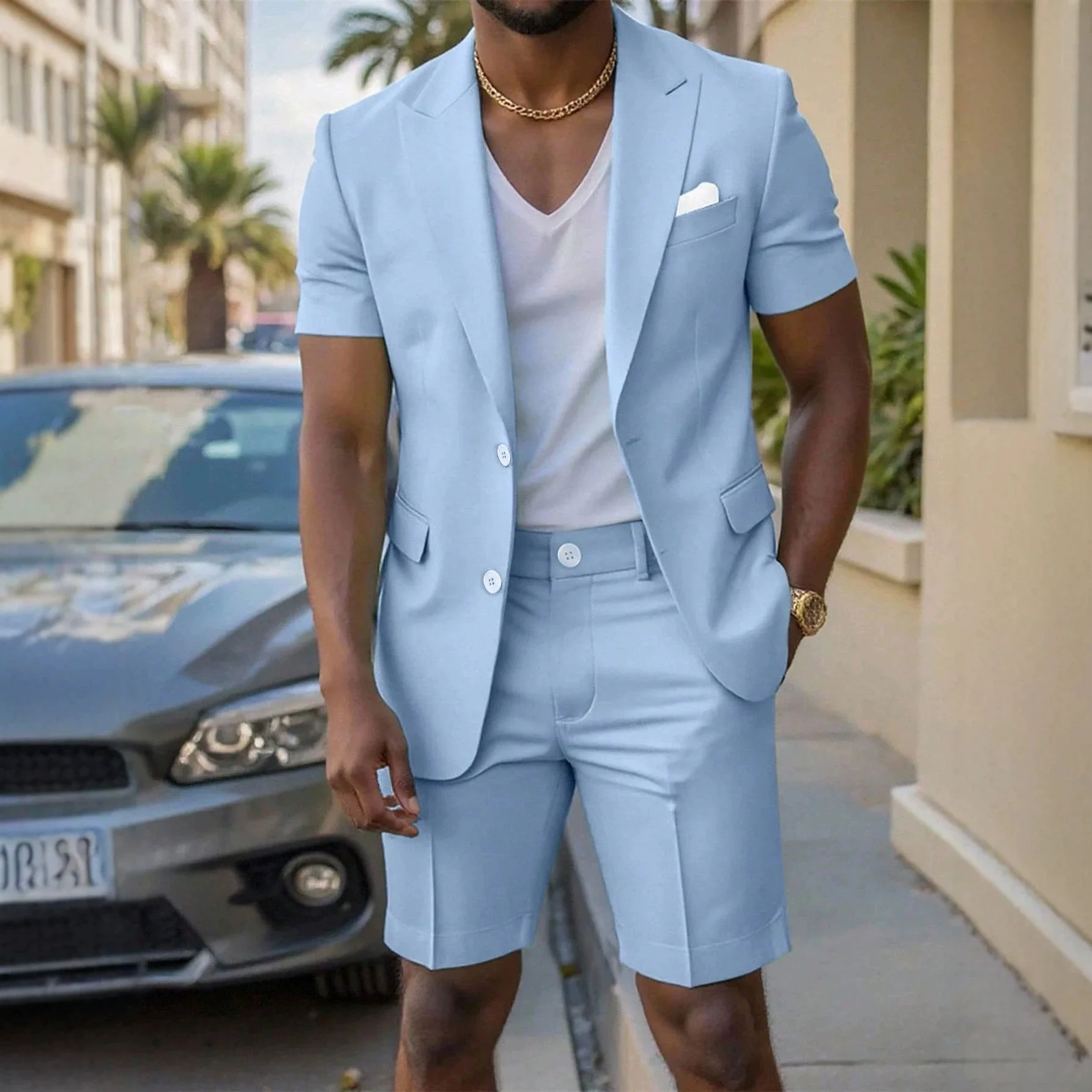 Summer Men's Solid Color Gentleman Short-Sleeve Suit Two-Piece Set Men