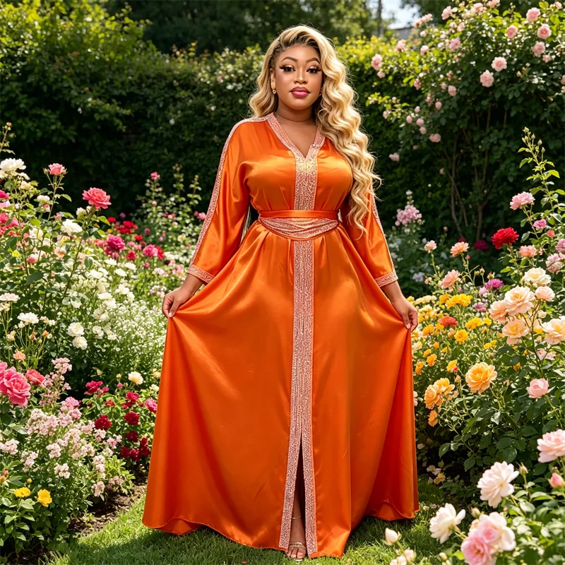 

Luxury Satin African Kaftan Rhinestone V-Neck Long Sleeve Belted Muslim Dress for Wedding Party Evening Dresses Dashiki Ankara