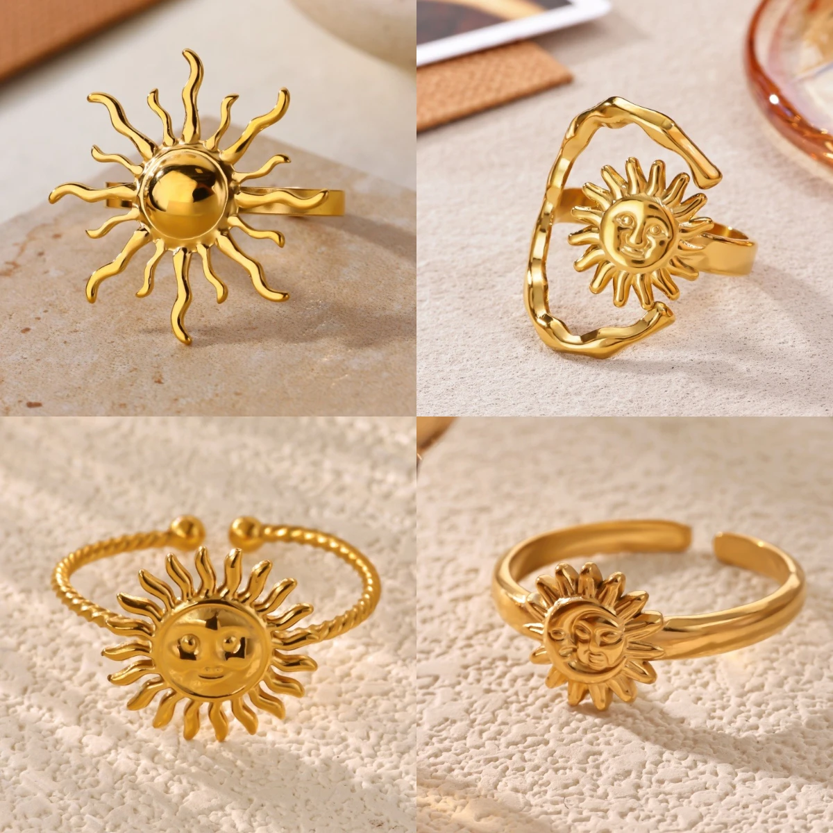 Aesthetic Sun Flame Rings For Women Men Gold Color Stainless Steel Geometric Spiral Ring Minimalist Couple Jewelry Gift