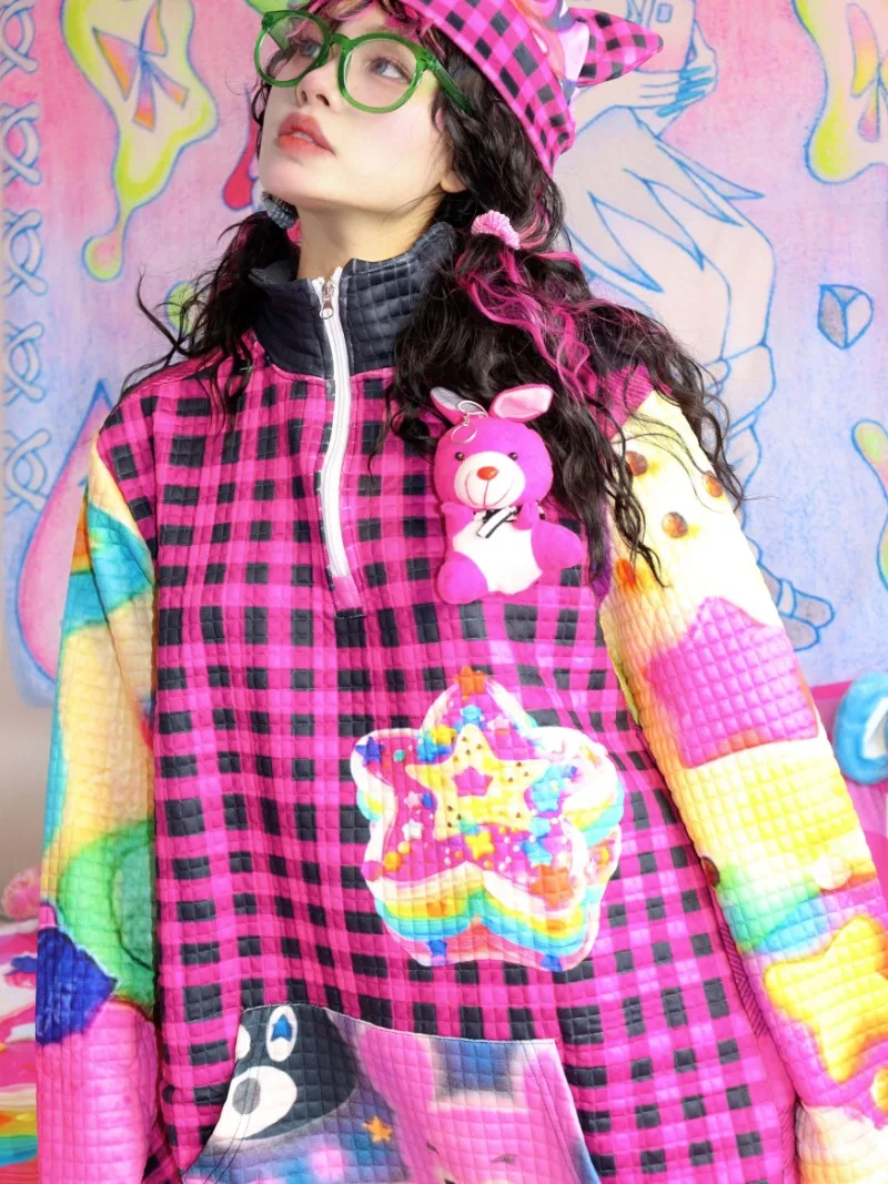 2025 Japanese Autumn and Winter Y2K Harajuku Niche Original Printed Pullover Sweater Zipper Top For Women