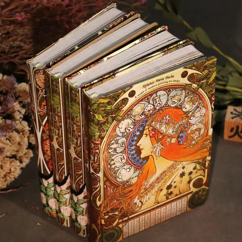 Retro A5 Notebooks,Mucha Girlish Oil Painting Hardcover Diary,Hand Ledger,Hot Stamping,Exquisite And High-Value Notepad