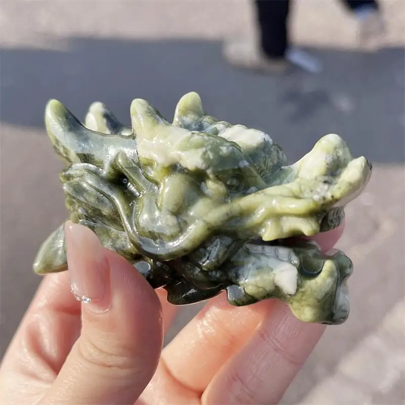 

Natural Ophiolite Dragon Skull Carving Crystal Powerful Animal Carving Handicrafts Accessories Christmas Present 1pcs