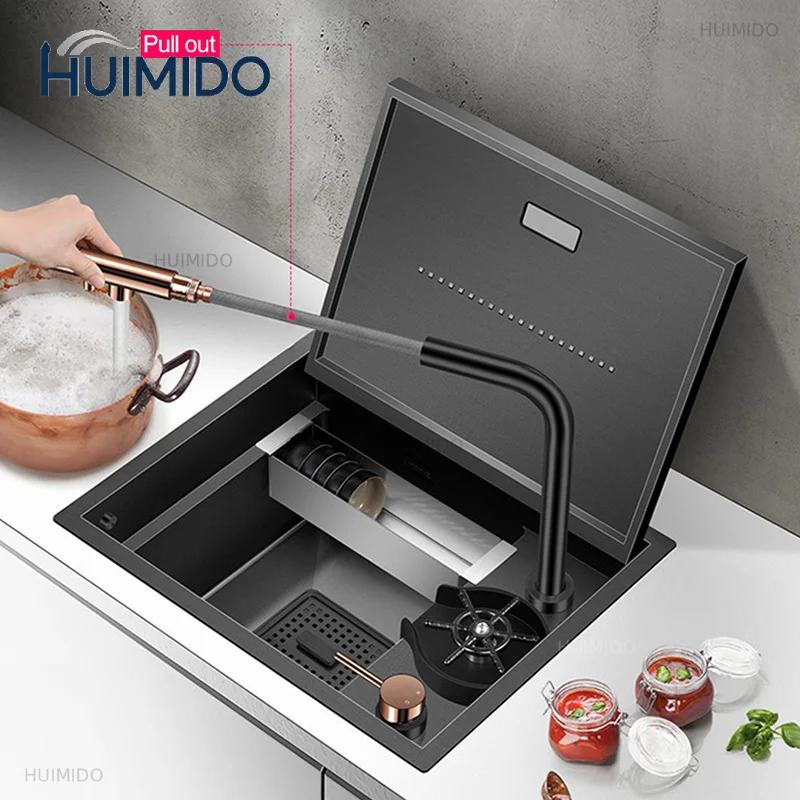 Nanometer Hidden Bar Island Kitchen Sink 304 Stainless Steel Flip Cover Hidden Handmade Small Size Kitchen Sinks With Cup Rinser