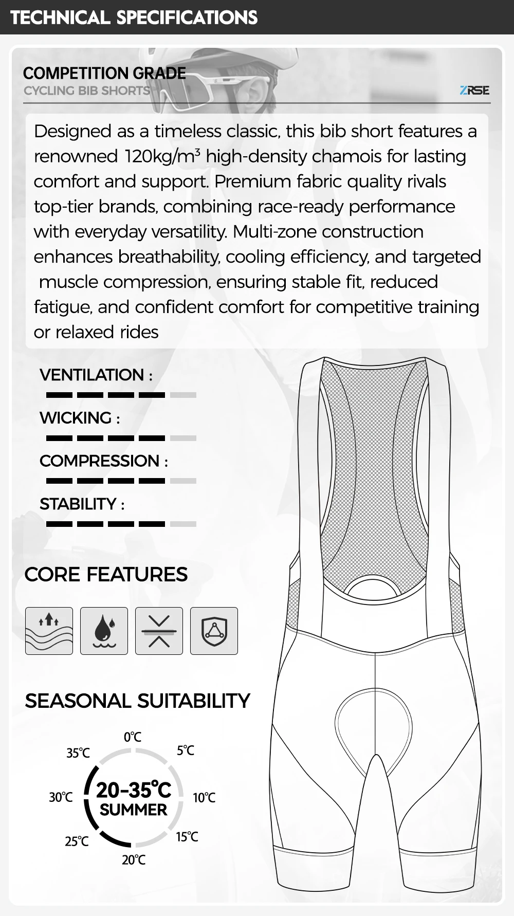 ZRSE Herren-Radhose mit Trägern, 7H, Italien, gepolstert, atmungsaktives Material, Herren-Fahrradbekleidung, MTB, Rennrad, Frühling, Sommer, bequem zum Radfahren. – Detail 2