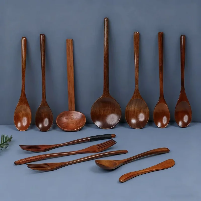 Colher de Sopa de Madeira e Garfo, Utensílios de Mesa Naturais, Colher Elíptica, Produtos Ecológicos, Colheres para Cozinhar, Utensílios de Bambu