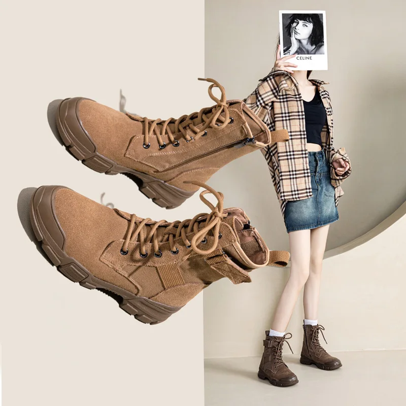 Hiking Shoes Leather Fashion Autumn and Winter Women's Hiking Shoes Casual Walking Boots British Style Women's Hiking Shoes 2025