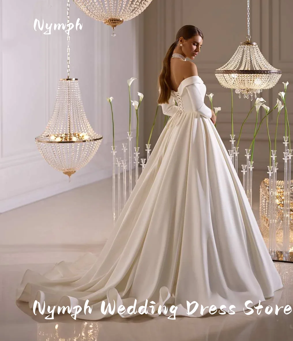 Off The Shuolder Wedding Dress for Woman Customized Long Sleeves Pocket A Line Satin Corset Bridal Gown Vestido De Noiva