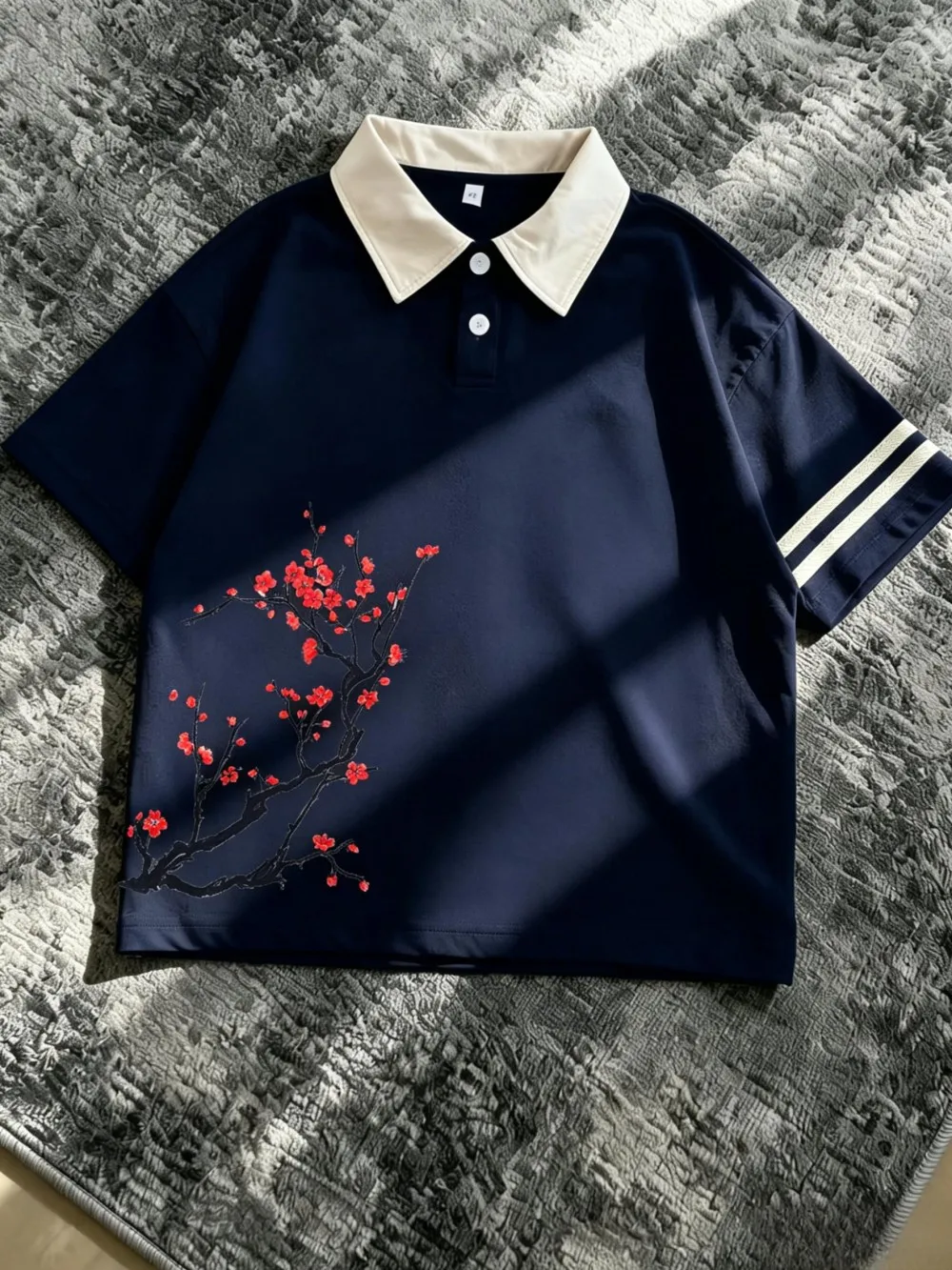 New Men's Summer Cherry Blossom Branch Stripe Printed Comfortable Breathable Polo Short Sleeve T-shirt Outdoor Casual Top