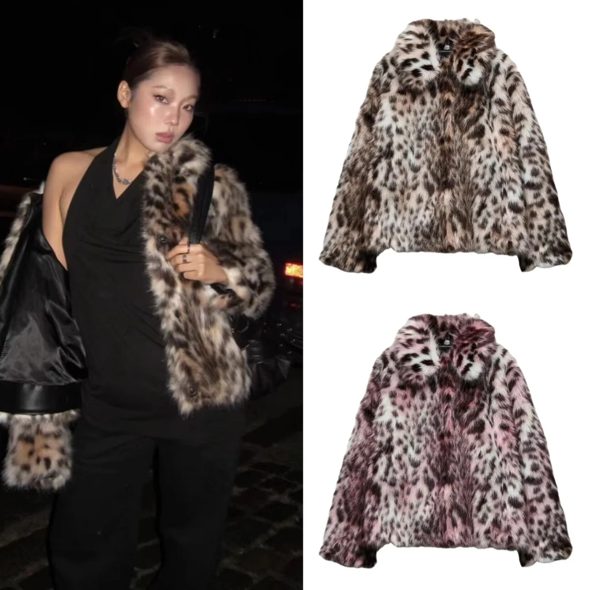 

Europe and the United States in the fall and winter new women's fur effect lapel long-sleeved leopard print pocket jacket coat