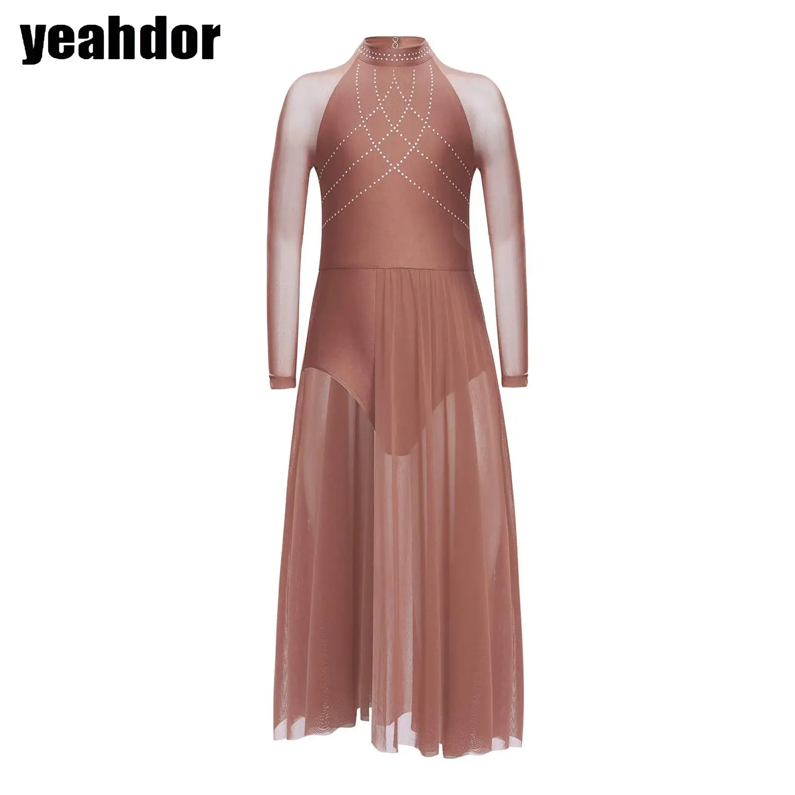 

Girls Lyrical Dance Dress Long Sleeve Rhinestones Sheer Mesh Split Leotards Ballet Gymnastics Skating Contemporary Dance Costume